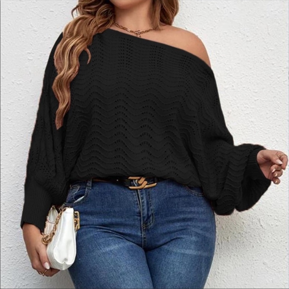 Plus Off Shoulder Asymmetrical Neck Batwing Cuff Sleeve Sweater Top - Picture 3 of 13